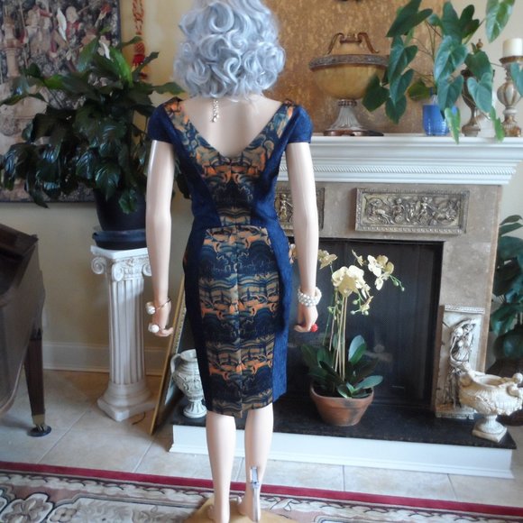 New Fotini Navy Blue Lace Dress w/Orange-Blue Abstract Print Inserts Size 8 - Picture 14 of 16